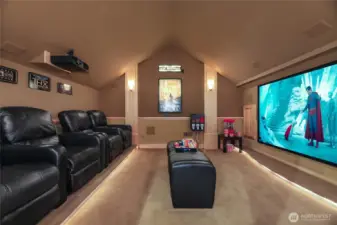 Home theater w/ plush leather recliners, ambient lighting, creates the perfect movie night.