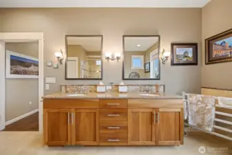 There is a large, dual sink vanity in the primary bathroom with a lot of counter space and storage.