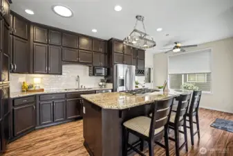 Granite counters, stainless steel appliances, breakfast bar with an abundance of storage.