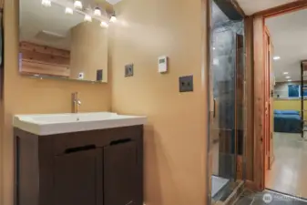 Main (South) home lower level remodeled tiled 3/4 bathroom with heated floors.   Has a separate entry, great income opportunity via vacation rental, housemate, etc.