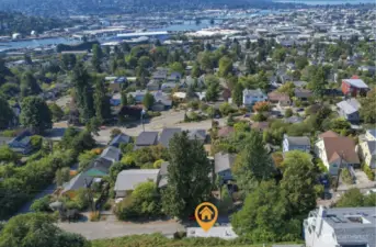 Overhead Drone View looking west towards the Ballard Bridge and the Ship Canal.