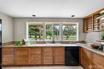 Kitchen with widows overlooking the stunning landscape and golf course.
