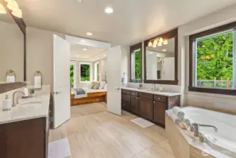 Relaxing spa primary bathroom.