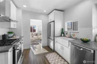 Stainless steel appliances and gorgeous deep sink