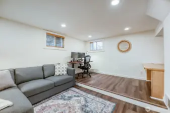 Lower level area with rec room space and raised area for den/office or yoga area.