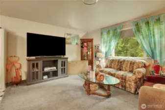 The living room with a large window to look out to the backyard