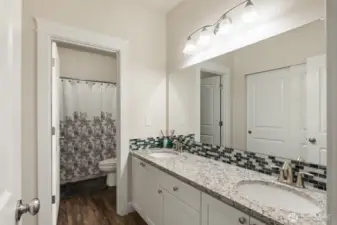 Full guest bath with separate tub/shower and toilet. Dual vanity is separated out.