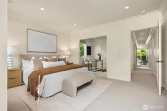 Looking back at the bedroom, you can see the adjoining den off of the primary bedroom, and the hallway that leads to the dayrooms.