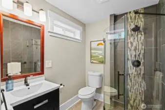 One level living and easy to maneuver bathroom space.