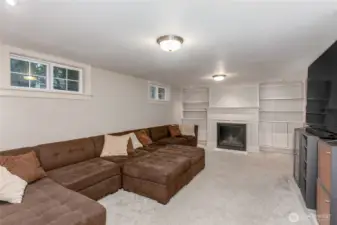 Fully finished rec room with gas fireplace and built-in bookshelves.