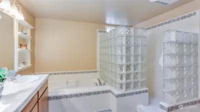 Enjoy the extra large tile surround walk-in shower with glass block in this primary bathroom.