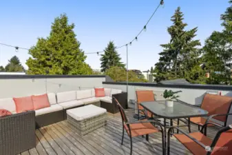 A private rooftop deck is perfect for outdoor lounging and dining, and string lights add to the ambiance.