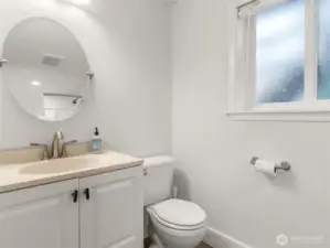 Full bathroom downstairs, located in the daylight basement.