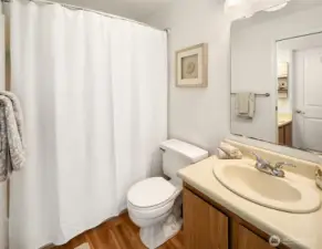 Full bathroom with 1 of 2 sinks.