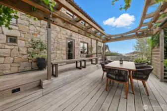 The Southwest facing deck is made of iron wood and has a pergola with delicious grapevines!