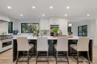 Remodeled kitchen with luxury quartz countertops and "Cafe" appliances