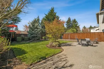 Private, beautifully landscaped backyard with lush lawn, mature trees, and a spacious patio—perfect for relaxing barbecuing & entertaining!
