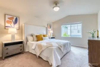 Step into your primary bedroom, a sanctuary of relaxation, complemented with vaulted ceilings and an en-suite 5 piece primary bathroom and a walk-in closet.