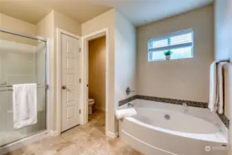 The en-suite primary bathroom with dual sinks, soaking tub, stand-in shower, a separate lavatory, a walk-in closet and a convenient linen closet.