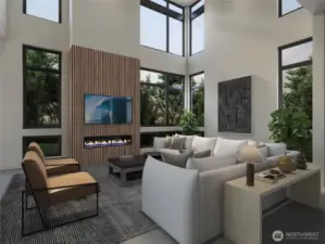 *RENDERING OF LOT 2 Great room  - For representation purposes only**  Details like polished concrete floors and a floor-to-ceiling acoustic slat wall fireplace offer more than visual appeal—they’re statements of elevated living