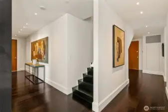 stairs to roof deck kitchen and skylounge