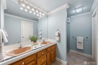Another angle of the bathroom vanity area with an open layout leading to the walk-in shower.
