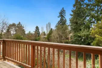 There's a great view of mature trees off of the balcony deck and living room.