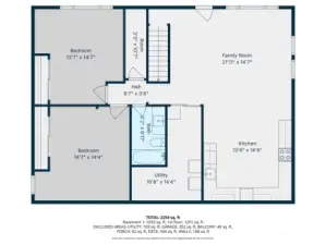 Lower level floor plan. Note the square ft listed on this is 2254+103 (laundry) +168 (walls)= 2525 total sf