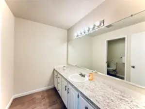 Main bathroom provides expansive countertops
