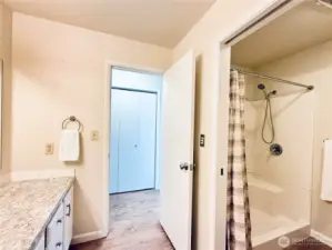 Walk-in shower just through the pocket door