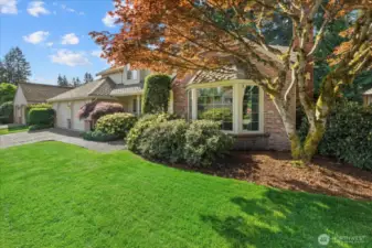 This view of the front yard shows off the beautiful mature landscaping.