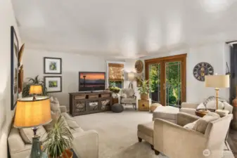 Casual & formal living spaces, carpet & engineered hardwood floors.