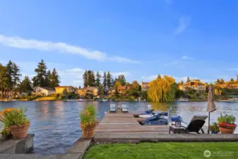 At the waters edge: oversized dock, patio, swim area, picturesque Mt Rainier views & beautiful sunsets.