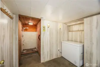 There is a shower in the basement that might be good for a dog wash station or remodel for an additional shower.