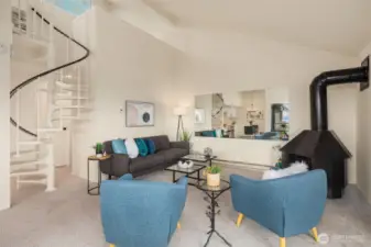 Living Room & Spiral Staircase to Loft