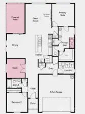 Floorplan Rendering - Additional highlights include: study, deluxe shower at primary bath, extended covered patio