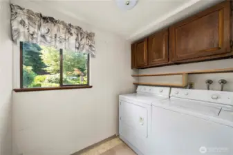 Laundry room is located on the main level, next to the half bath.