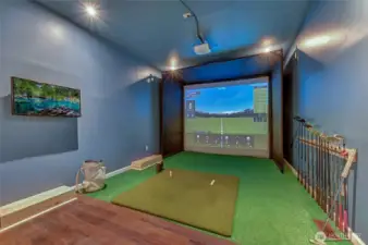 The unique downstairs room is currently used with a golf simulator so the owners can work on their swings no matter the weather.