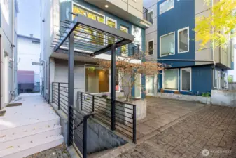 Stairs to secured parking garage