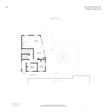 A dedicated floorplan of the Fairway Bungalow highlights its role as a fully independent second dwelling, complete with its own living spaces, kitchen, bedroom, and bath. The layout shows how the bungalow opens to patios and gardens on multiple sides, creating a private retreat that functions beautifully as a guest suite, studio, or multigenerational residence.