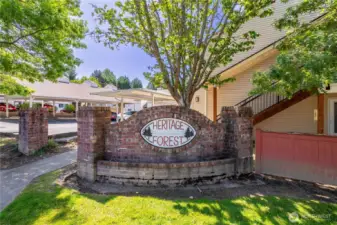 Community courtyard with mature trees and landscaped gathering area.