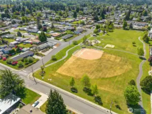 Ariel view of home to the left and proximity to Sam Peach Park.