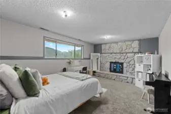 Lower level bedroom currently functioning as a bedroom.  Wood burning fireplace too!