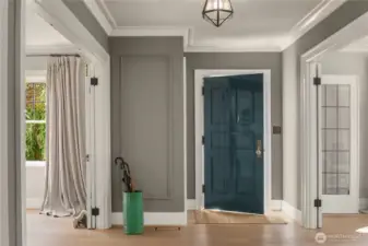 Step inside the front door to a gracious entry that prepares the way for the home’s refined character. Definitive millwork, historically accurate leaded glass doors, and the handsome front door color create an inviting first impression that blends timeless design with modern updates.