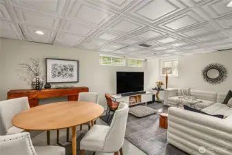 The fully furnished ADU features an open living and dining area designed for comfort and flexibility. Thoughtful updates include concrete floors, radiant heat in the kitchen zone, and curated furnishings from CB2, RH, Anthropologie, and Design Within Reach. (Furnishings, save just a few pieces and accessories, convey if desired.)