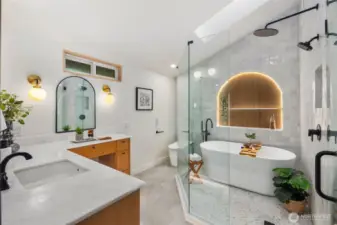 And, sigh, I am going to MISS this bathroom. Real zellige, marble, custom arch, heated bidet. No expense spared.