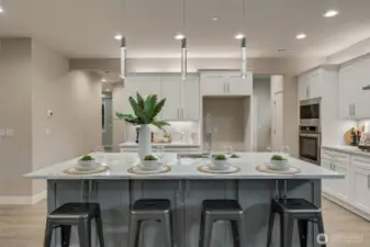 Anchoring the kitchen, the expansive island offers an elegant gathering spot for casual meals, entertaining, or lively conversation with family and friends.