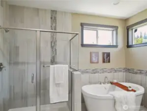 Walk-in shower with tile finish.
