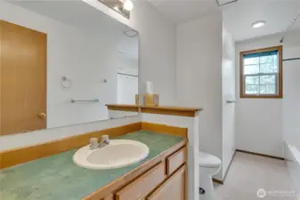 The main upstairs guest bathroom has a large countertop and plenty of room.