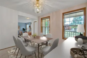 The formal dining room offers ample space for entertaining and hosting large gatherings, providing numerous options.